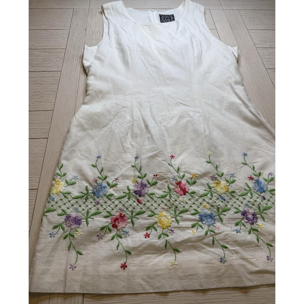 Cynthia Rowley VTG US Made White Sheath Mini Floral Embroidered Cotton Dress 10